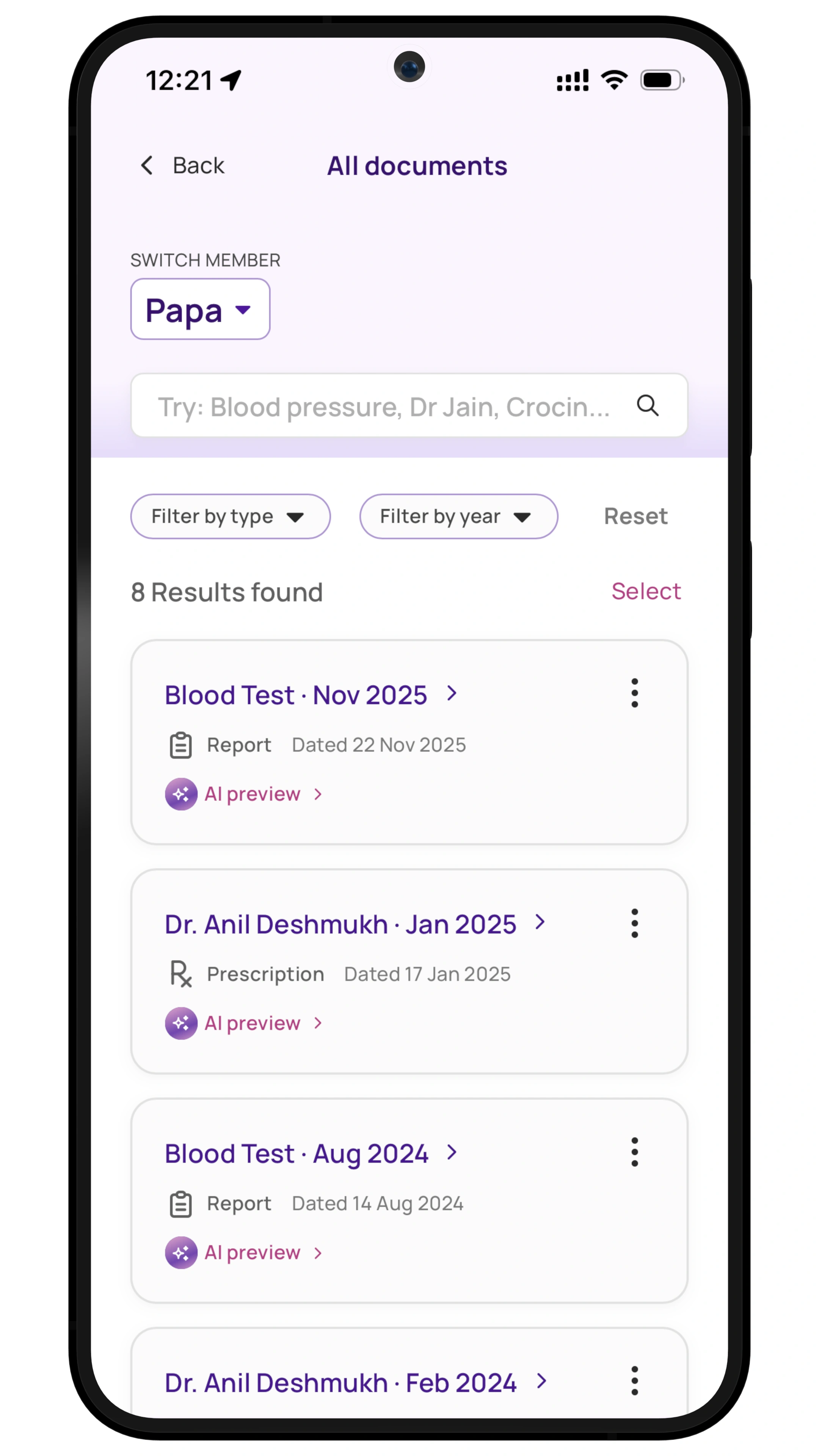 A Maatra screen titled All documents, with a family member selector set to Papa, a search field, filters by type and year, and a list of eight results including a blood test report and a prescription, each with an AI preview link.